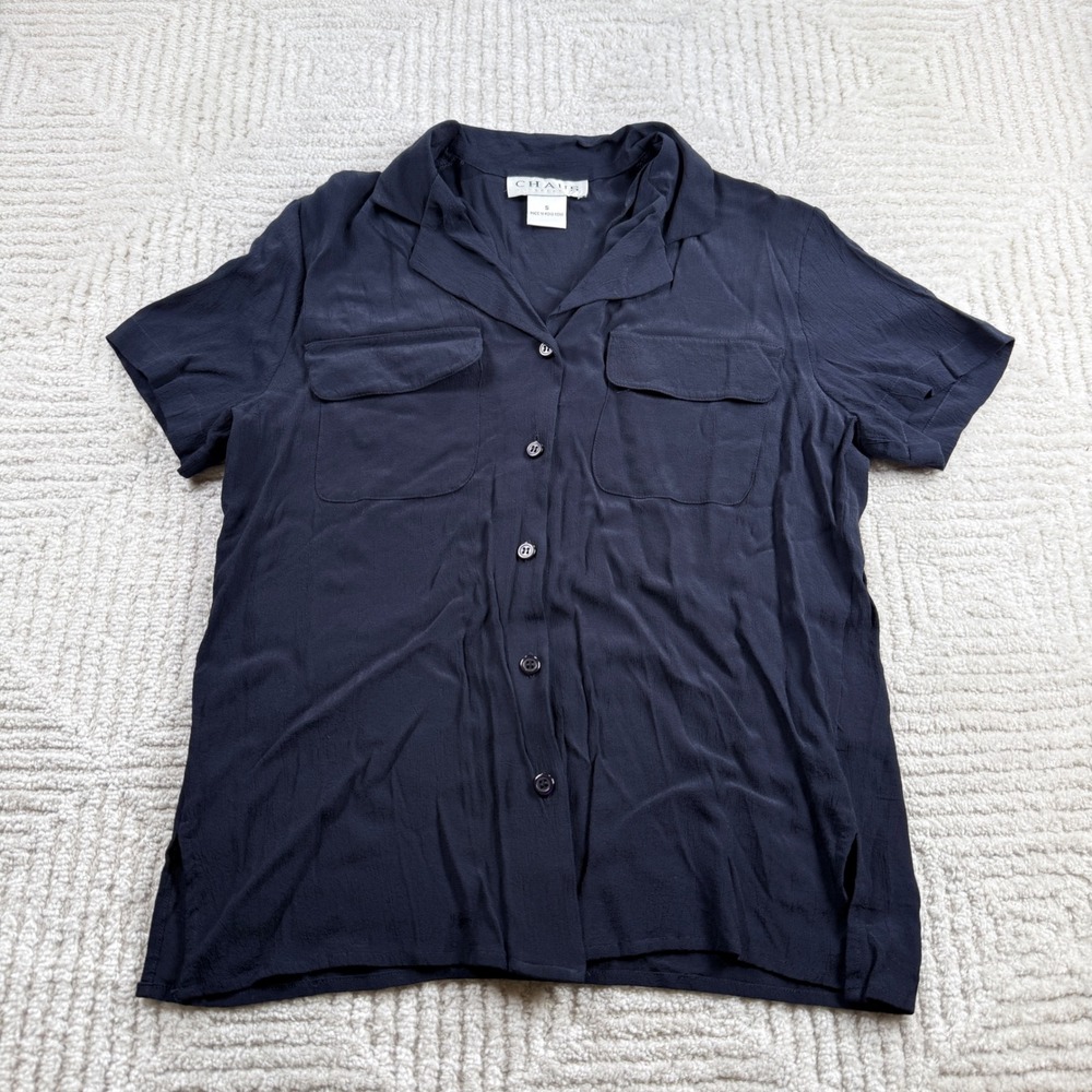 Chaus Sport Button Shirt Womens S Navy SS Vintage 80s Academia Minimalist Preppy